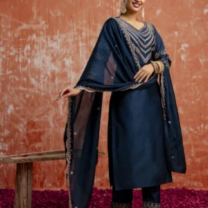 Prerna Women Teal Embroidered Kurta Pant Dupatta Set