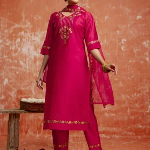 Kaily Pink Women Embroidered Kurta Trouser Dupatta Set