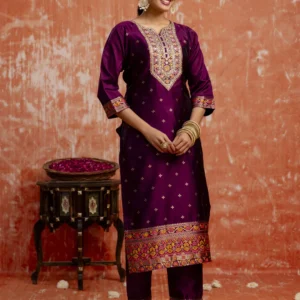 Kahani Women Purple Yoke Design Straight Suit Set