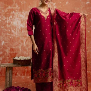 Padmavati Women Maroon Silk Blend Kurta Set with Dupatta